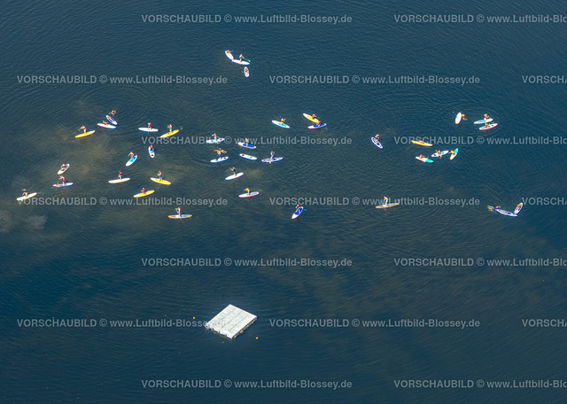 Witten220808521 | Luftbild, SUP, Personen beim Stand Up Paddling Kurs auf dem Kemnader See, Westherbede, Witten, Ruhrgebiet, Nordrhein-Westfalen, Deutschland