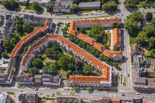 Herne230802657 | Luftbild, Wohnsiedlung mit roten Dächern und mit grüner Inneraumbepfanzung an der Goebenstraße, zwischen Westring und Bahnhofstraße, Baukau, Herne, Ruhrgebiet, Nordrhein-Westfalen, Deutschland