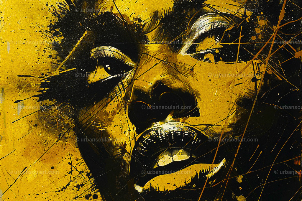 Golden Black Woman Face Expression | A powerful, expressive portrait of a Black woman with a golden glow, highlighted by abstract strokes. Ideal for bold, contemporary decor that celebrates beauty and strength. - Realisiert mit Pictrs.com
