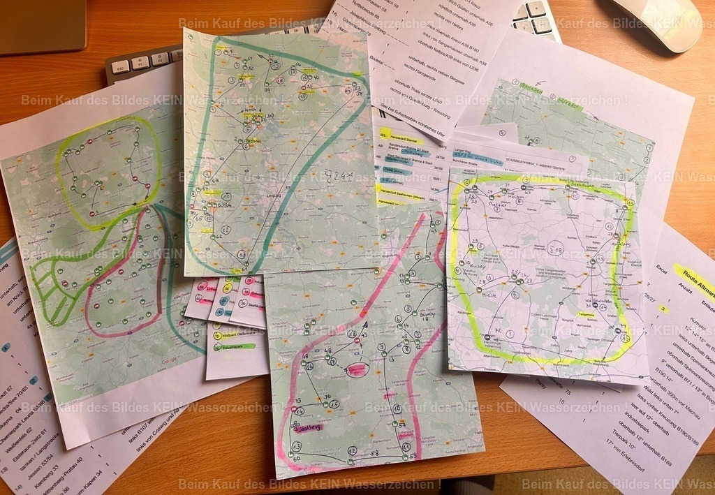 Routenplanung_8466 | Jeder Flug beginnt lange vor dem Start.Bevor der Tragschrauber abhebt, wird die Route sorgfältig geplant. Karten werden ausgedruckt, Flugstrecken eingezeichnet, Motive nummeriert und Tankstopps festgelegt. Gerade bei langen Touren quer durch Sachsen-Anhalt entscheidet eine gute Vorbereitung darüber, wie viele Orte an einem Tag fotografiert werden können.Auch der Pilot erhält die geplanten Flugrouten und Orientierungspunkte. So wird aus vielen einzelnen Luftbildern eine durchdachte Mission, bei der jeder Handgriff sitzt. - Realisiert mit Pictrs.com