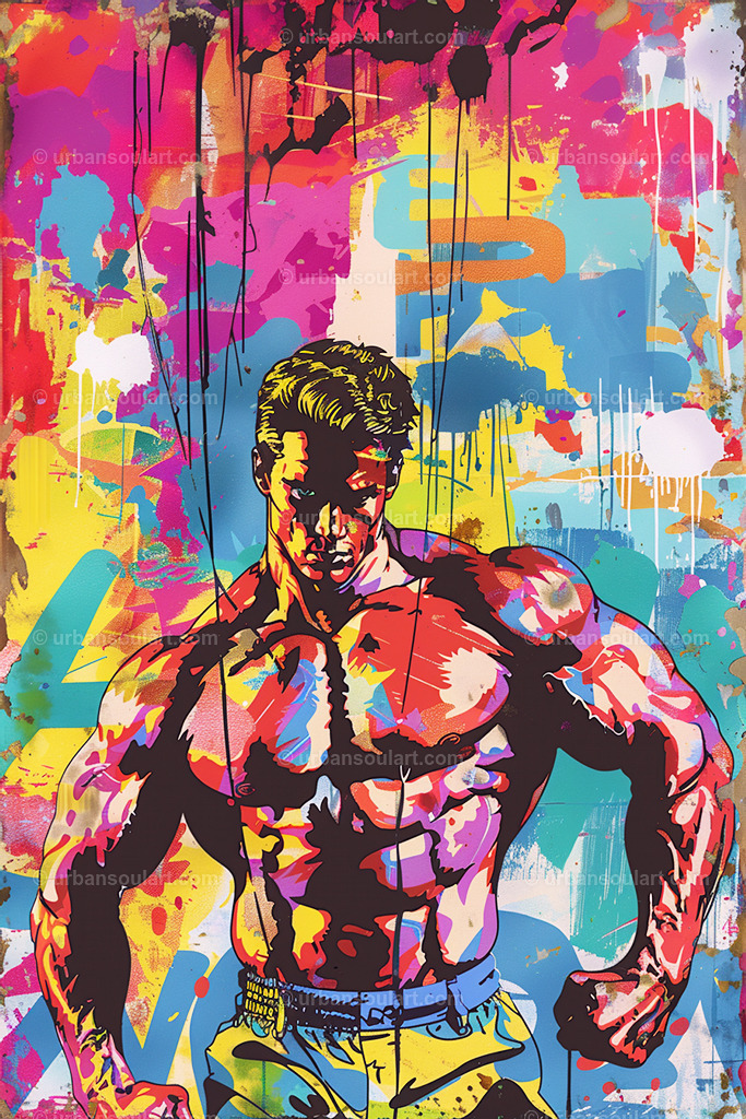 Colorful Muscle Man  | A dynamic, colorful portrait of a muscular man in a pop art style. Ideal for gyms, fitness centers, or fans of bold, energetic artwork. - Realisiert mit Pictrs.com
