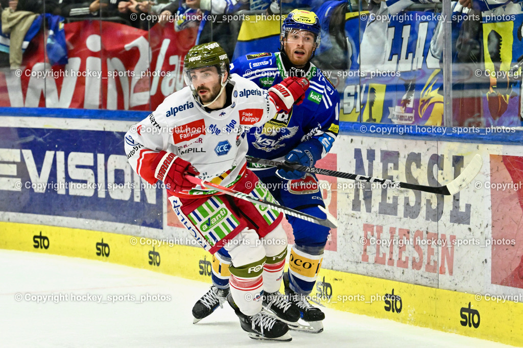 EC VSV vs. HC Bozen 16.2.2024 | #9 Mantenuto Daniel, 16 Kevin Hancock,  EC VSV vs. HC Bozen 16.2.2024, EC VSV vs. HC Bozen 16.2.2024 am 16.02.2024 in Villach (Stadthalle Villach), Austria, (Photo by Bernd Stefan)