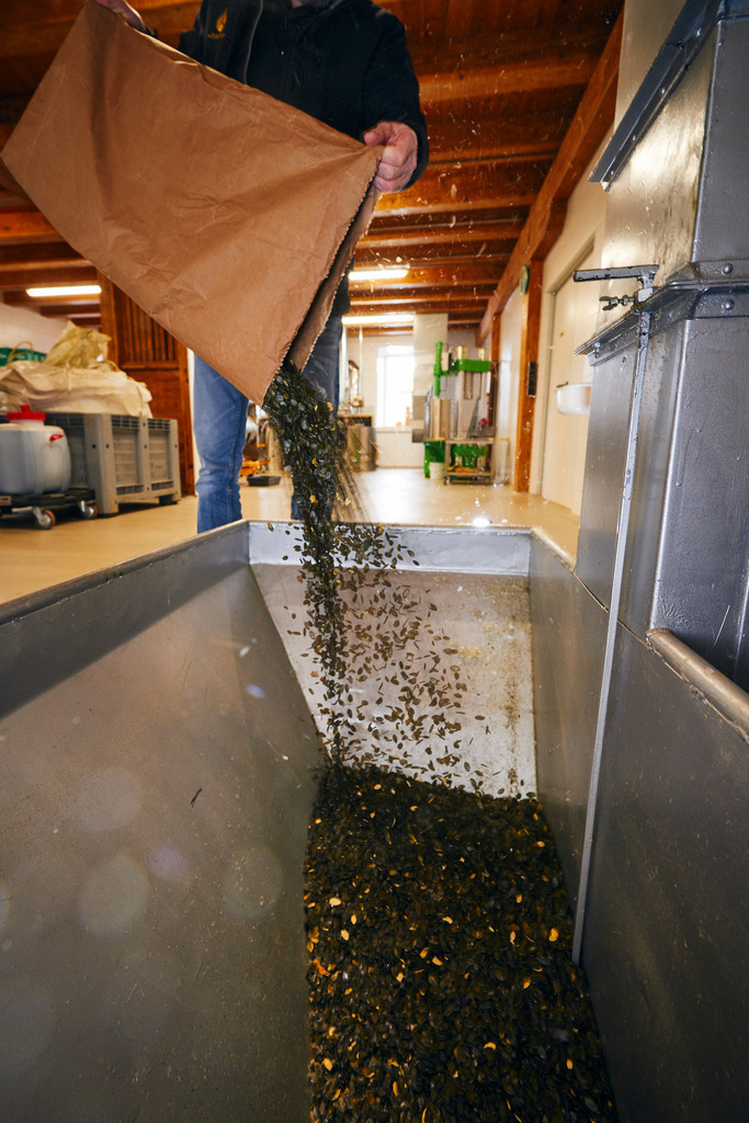 Die Ölmühle | Markt Allhau, Austria - February 09, 2018: Die Oelmuehle;  getrocknete steirische Kürbsikerne werden zum vermahlen in die Schütte geleert. - Realisiert mit Pictrs.com