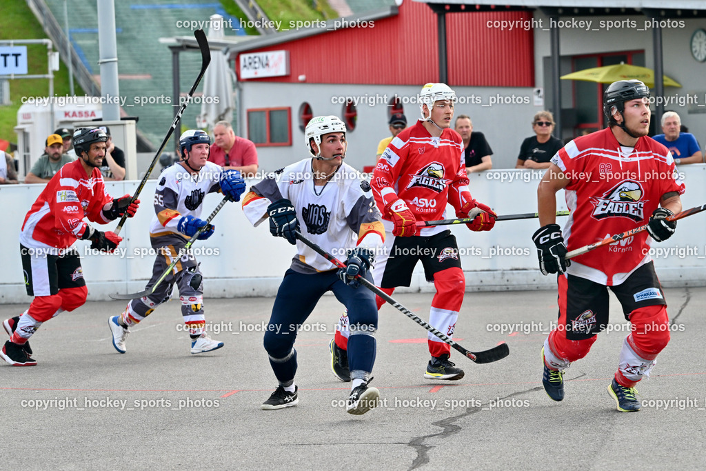 VAS Ballhockey vs. HSC Eagles Poggersdorf | #13 Krall Michael, #65 Ortner Stefan, #11 Potocnik Luca, #18 Steinwender Oliver, #82 Wilhelmer Philip, VAS Ballhockey vs. HSC Eagles Poggersdorf, VAS Ballhockey vs. HSC Eagles Poggersdorf am 14.07.2024 in Villach (Alpen Arena ), Austria, (Photo by Bernd Stefan)