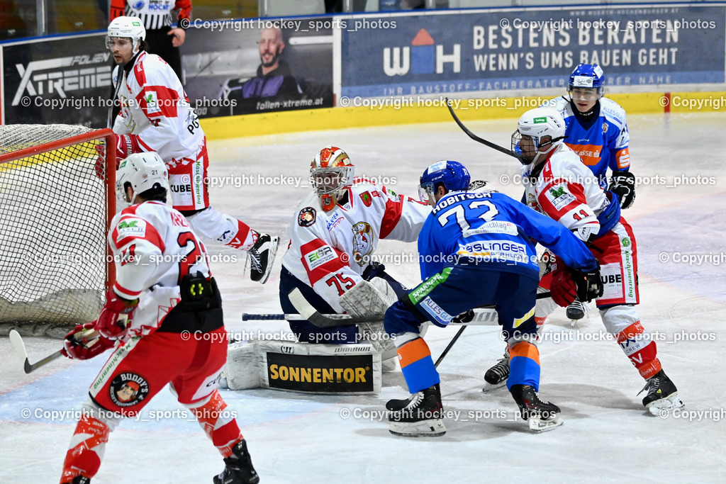 ESC Steindorf vs. ESV Ferlach  | #21 Kreuter David ESV Ferlach, #75 Kropiunig Ralf ESV Ferlach, #72 Hobitsch Samuel ESC Steindorf, #11 Toff Nico ESV Ferlach, ESC Steindorf vs. ESV Ferlach , ESC Steindorf vs. ESV Ferlach  am 15.02.2026 in Steindorf (Ossiachersee Halle), Austria, (Photo by Bernd Stefan)