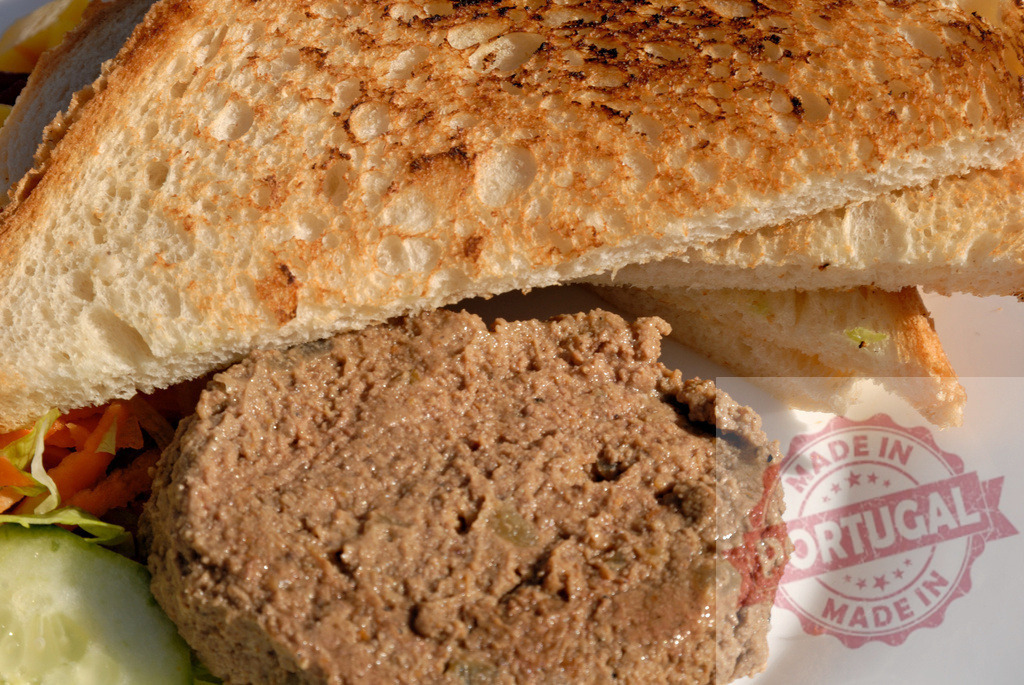 Pâté de campagne with toasted bread close-up | Serving of pâté with a side of toasted bread and salad on a white plate - Realized with Pictrs.com