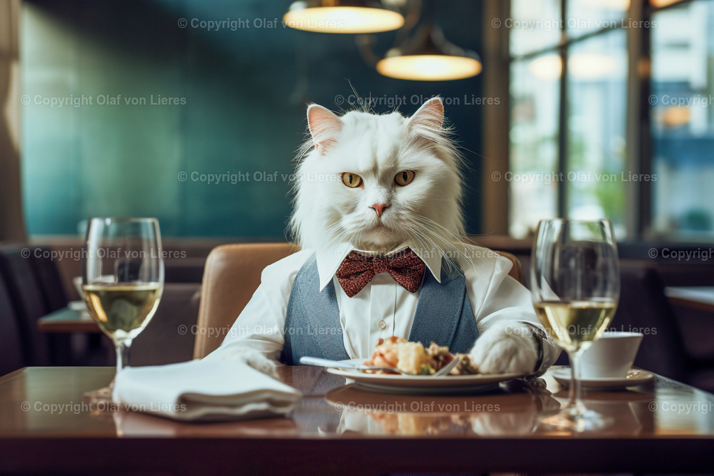 Katzen mit Fliege im Restaurant | weiße Katze isst im Restaurant
