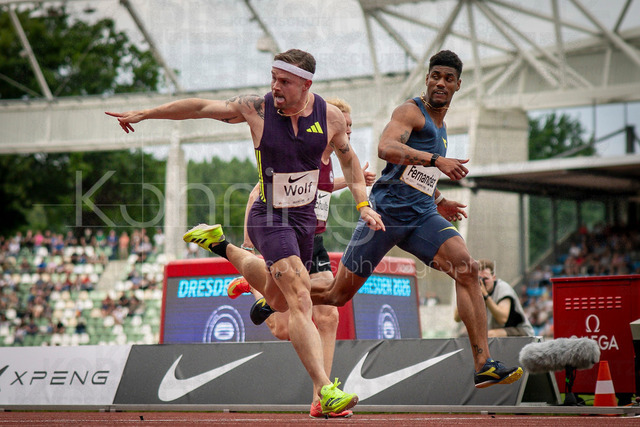 Golden Oval; Dresden, 31.05.2026 | DRESDEN , GERMANY - MAY 31: Yannick Wolf (GER / Germany) crosses the finish line in the 100m final during the Golden Oval Continental Tour Silver meeting on May 31, 2026 at Heinz-Steyer-Stadion in Dresden, Saxony, Germany.