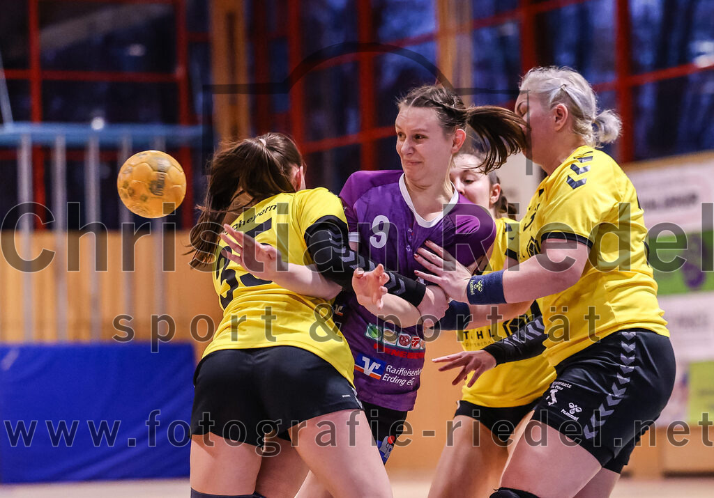 2025-01-11_051_SpVgg_Altenerding_gegen_HF_Scheyern | Erding, Deutschland, 11.01.2025:Handball, Bezirksoberliga Frauen Altbayern 2024 / 2024, 10. Spieltag, SpVgg Altenerding gegen HF Scheyern, Endergebnis: 20:23Verena Kirste (HF Scheyern, #35), Julia Kranich (SpVgg Altenerding, #9), Amalia Moldovan (HF Scheyern, #30)Foto: Christian Riedel / fotografie-riedel.net