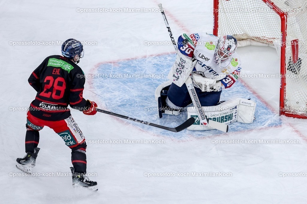 DEG12012501005 | 12.01.2025, Eishockey, Penny DEL, Düsseldorfer EG - Eisbären Berlin, PSD-BANK Dome: Alexander Ehl (DEG #28) gegen Goalie Jake Hildebrand (Eisbären Berlin #30)