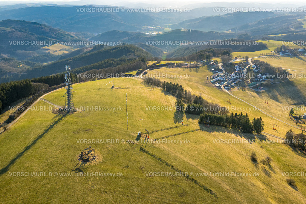 Sundern250309871WildeWiese | Luftbild, Ortsansicht mit Fernsicht, Aussichtsturm Schomberg Richtfunkturm, Wildewiese-Homert genannter Hauptkamm des Homertrückens, Waldgebiet mit Waldschäden, Skigebiet im Winter, Wildewiese, Sundern, Sauerland, Nordrhein-Westfalen, Deutschland