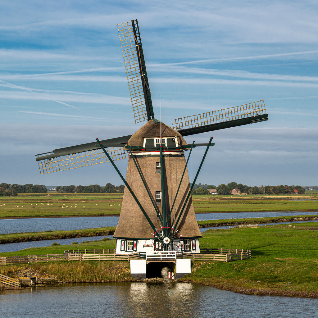 Historische Mühle Het Noorden entwässert den Polder Het Eerdland auf Texel | Die reetgedeckte Mühle Het Noorden steht majestätisch im Polder Het Eerdland auf der Nordseeinsel Texel. Das beeindruckende Bauwerk dient historisch der Entwässerung des Binnenlands und prägt die weite, flache Kulturlandschaft unter blauem Sommerhimmel. Die Nahaufnahme zeigt feine Details der Mühlenflügel und des Wasserlaufs – ein ideales Motiv für redaktionelle Berichte über niederländischen Wasserbau, Geschichte, Architektur, Polder und Inseltourismus. - Realisiert mit Pictrs.com