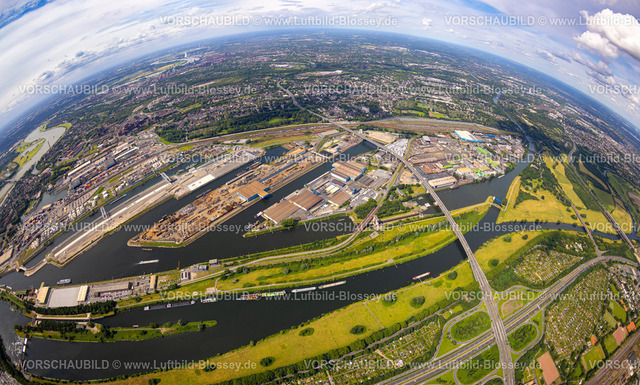 Duisburg240705317-Nord | Luftbild, Duisburger Hafen, duisport fish-eye, Duisburg-Nord Hafengebiet mit Ölinsel, Kohleninsel und Schrottinsel, Autobahn A59 und Autobahn A40 mit Autobahnkreuz Duisburg, Fluss Ruhr und Rhein-Herne-Kanal, links der Fluss Rhein und Fluss Ruhr Mündungsgebiet, Erdkugel, Fisheye Aufnahme, Fischaugen Aufnahme, 360 Grad Aufnahme, tiny world, little planet, fisheye Bild, Ruhrort, Duisburg, Ruhrgebiet, Nordrhein-Westfalen, Deutschland