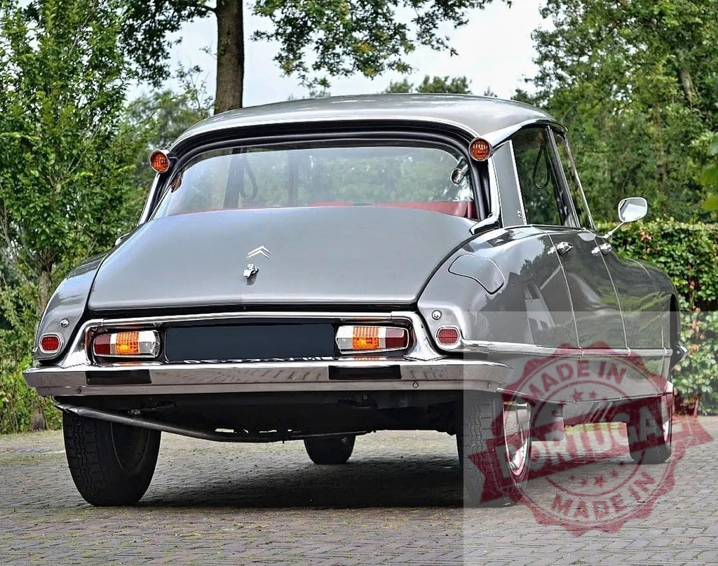Citroen DS vintage classic car rear view parked outdoors | Gray Citroen DS, a vintage classic automobile, parked on cobblestone with green foliage - Realisiert mit Pictrs.com