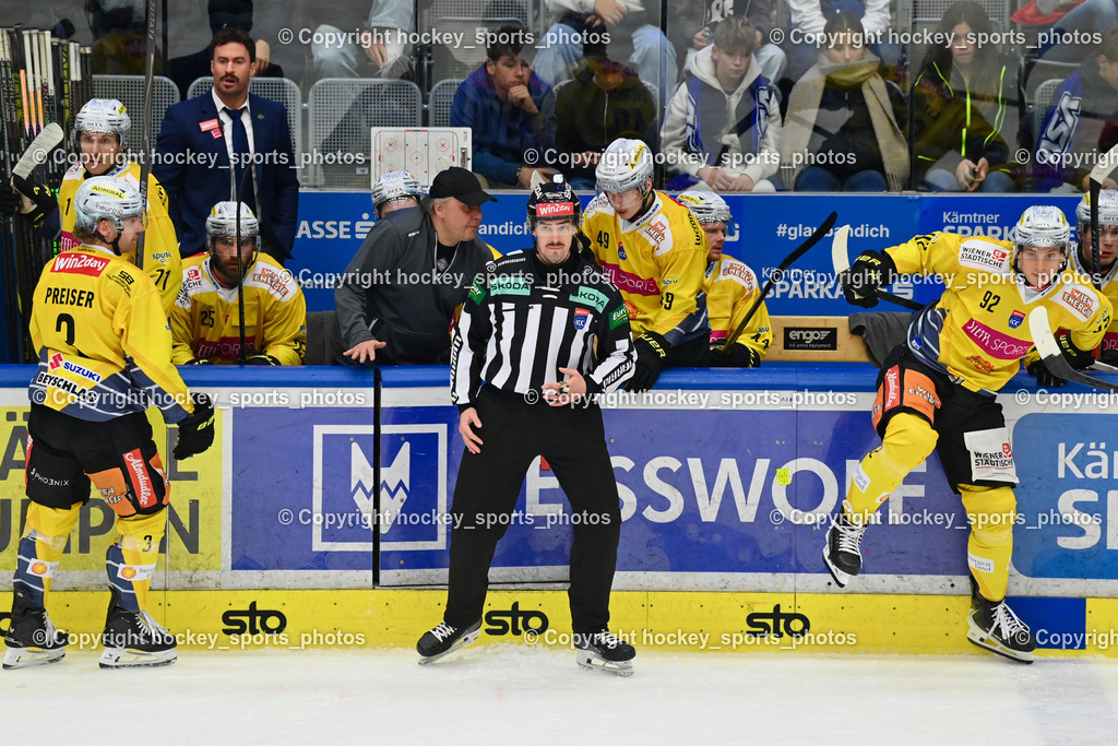 EC IDM WÄRMEPUMPEN VSV vs. Vienna Capitals | Equipment Manager Vienna Capitals Thomas Bardodej, #3 Armin Preiser Vienna Capitals, PUFF WOLFGANG Referee, #92 Lorenz Lindner Vienna Capitals, EC IDM WÄRMEPUMPEN VSV vs. Vienna Capitals, EC IDM WÄRMEPUMPEN VSV vs. Vienna Capitals am 16.11.2025 in Villach (Stadthalle Villach), Austria, (Photo by Bernd Stefan)