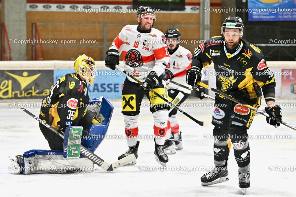 EC MET PHOTOVOLTAIK HORNETS SPITTAL vs. EV ZELTWEG MURTAL LIONS | #35 Egger Luca EC Hornets Spittal, #38 Zorec Marco EC Hornets Spittal, #10 Sulzer Mario EV ZELTWEG MURTAL LIONS, #40 Forcher Andreas EV ZELTWEG MURTAL LIONS, EC MET PHOTOVOLTAIK HORNETS SPITTAL vs. EV ZELTWEG MURTAL LIONS, EC MET PHOTOVOLTAIK HORNETS SPITTAL vs. EV ZELTWEG MURTAL LIONS am 08.02.2026 in Spittal an der Drau (Eissportzentrum Spittal), Austria, (Photo by Bernd Stefan)