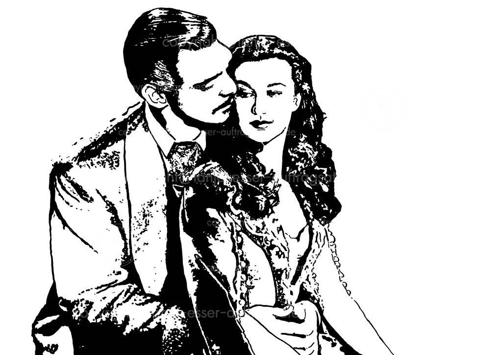 Filmszene | Eine bekannte Filmszene aus einem Filmklassiker aus Hollywood. Ein Film- Liebespaar als schwarze Konturen vor weißem Hintergrund. 