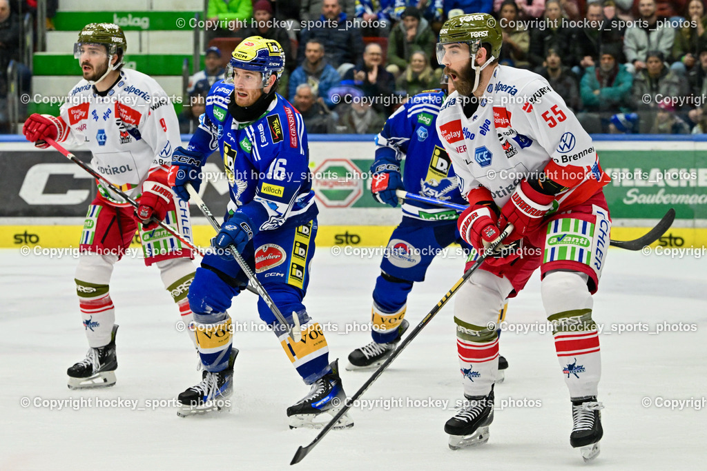 EC VSV vs. HC Bozen 16.2.2024 | #9 Mantenuto Daniel, #16 Kevin Hancock,  #55 Vandane Davis, EC VSV vs. HC Bozen 16.2.2024, EC VSV vs. HC Bozen 16.2.2024 am 16.02.2024 in Villach (Stadthalle Villach), Austria, (Photo by Bernd Stefan)