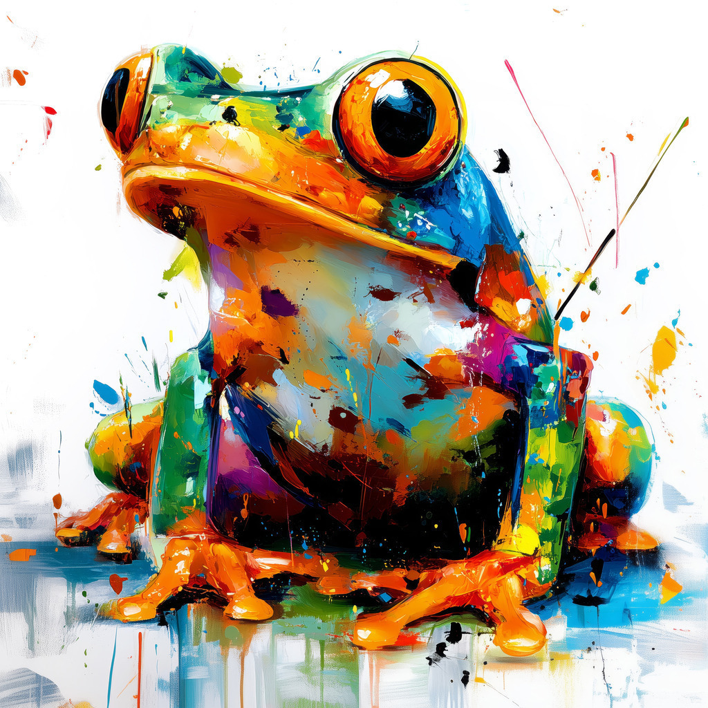 2603012 - Pop Art Frosch | Farbenfroh, lebendig und voller Ausdruck – dieses moderne Kunstmotiv zeigt einen Frosch in einer dynamischen, abstrakten Farbgestaltung. Die kräftigen Farbspritzer und die detailreiche Maltechnik verleihen dem Bild eine fröhliche und kreative Ausstrahlung. Perfekt als dekorativer Blickfang für Wohnzimmer, Kinderzimmer, Büro oder kreative Räume und ideal für alle, die moderne Kunst und auffällige Farben lieben.