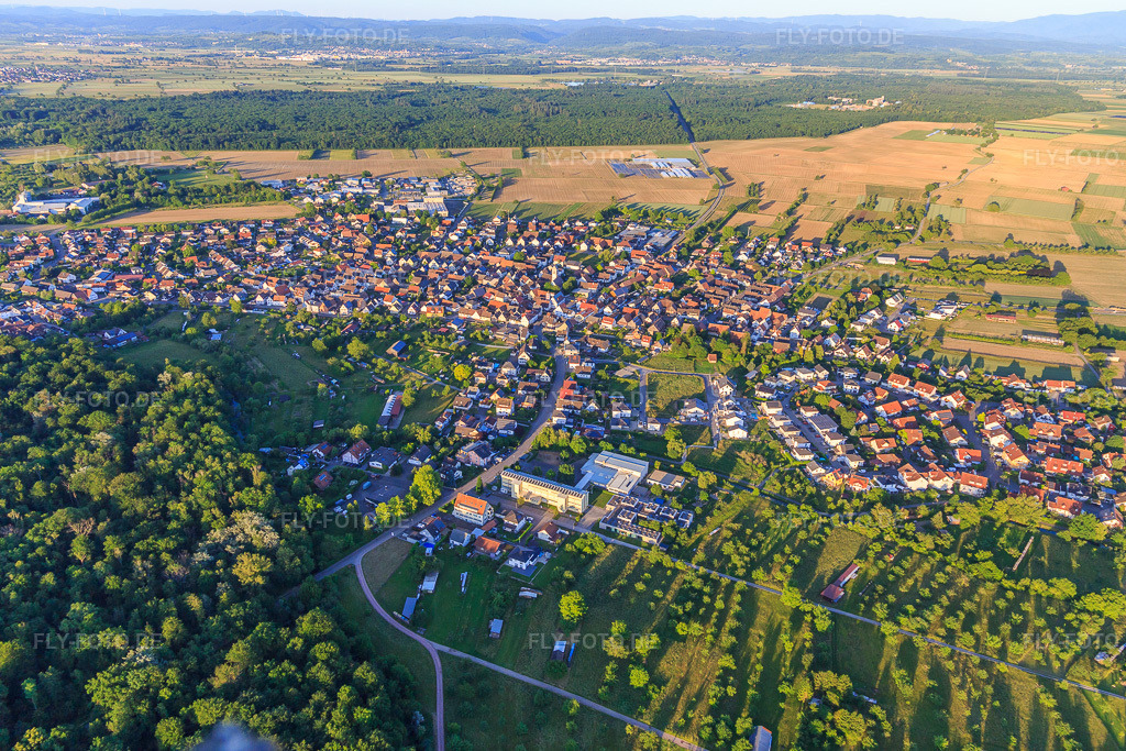Luftbild: Ortsansicht von Westen in Weisweil im Bundesland Baden-Württemberg in Deutschland. Foto: IMG_147946.jpg vom 30.05.2025 durch Werner Riehm/FLY-FOTO.de