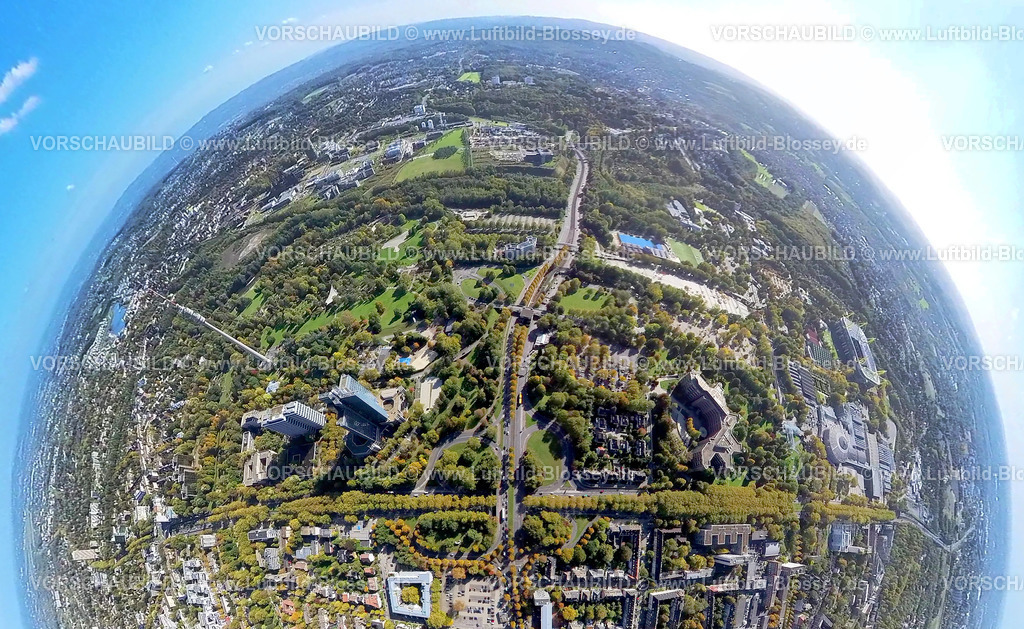 Dortmund221006_19c_B1_A40_B54 | Luftbild, Westfalenpark und Phoenix West, begrünte Bundesstraße B1 (Autobahn A40, von Ost nach West), Bundesstraße B54 (von Nord nach Süd), Fisheye Aufnahme, Fischaugen Aufnahme, 360 Grad Aufnahme, Ruhrallee, Dortmund, Ruhrgebiet, Nordrhein-Westfalen, Deutschland