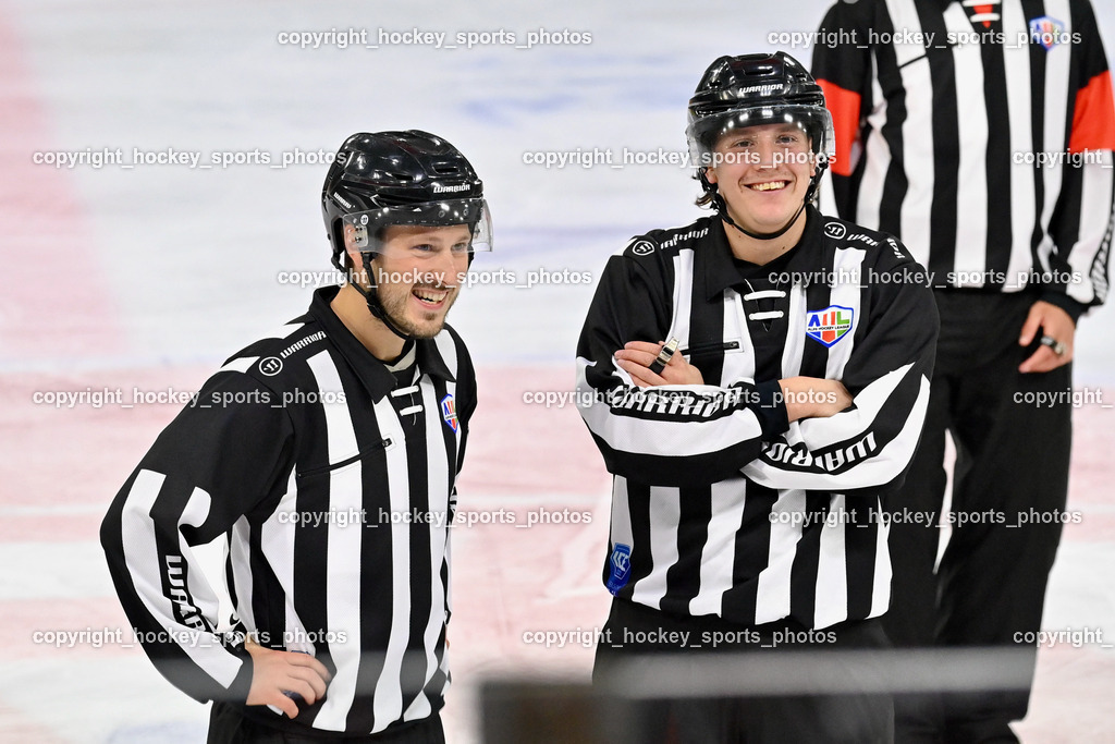 EC KAC Future Team vs. Die Adler Kitzbühl 7.10.2023 | LEGAT Konrad Referee, KANYO Tamas Referee, EC KAC Future Team vs. Die Adler Kitzbühl 7.10.2023, EC KAC Future Team vs. Die Adler Kitzbühl am 07.10.2023 in Klagenfurt (Messehalle Klagenfurt), Austria, (Photo by Bernd Stefan)