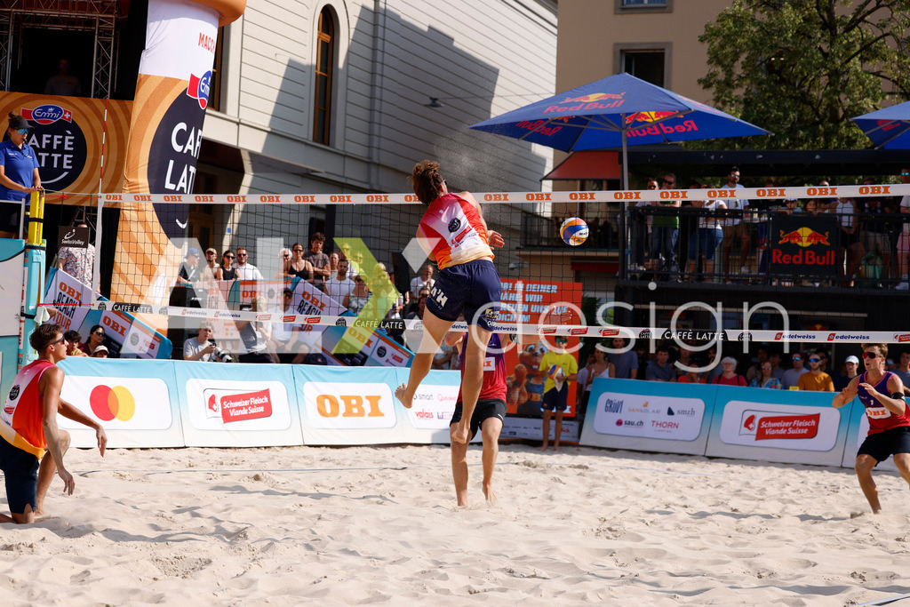Obi BeachTour 2026 - Basel | BASEL, SWITZERLAND - JULY 19: LEO DILLIER (SUI) attack / spike during the Obi BeachTour 2026 match between DILLIER / FLÜCKIGER (SUI) and BREER / KÄLIN (SUI) at Barfüsserplatz on July 19, 2026 in Basel, Switzerland. - Realisiert mit Pictrs.com