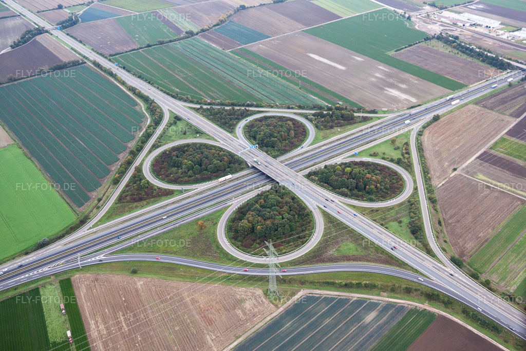 Luftbild: Verkehrsführung und Fahrbahnen der Straßenführung am Autobahnkreuz der BAB A65 und A61 in Mutterstadt im Bundesland Rheinland-Pfalz in Deutschland. Foto: IMG_34188.jpg vom 02.10.2010 durch Werner Riehm/FLY-FOTO.de
