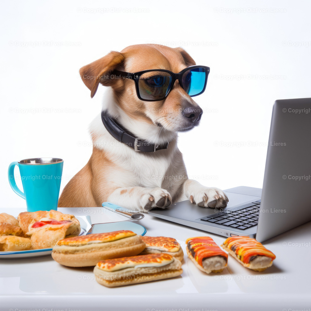 Hund am Laptop | Jack russell am Schreibtisch mit Laptop und Sonnenbrille