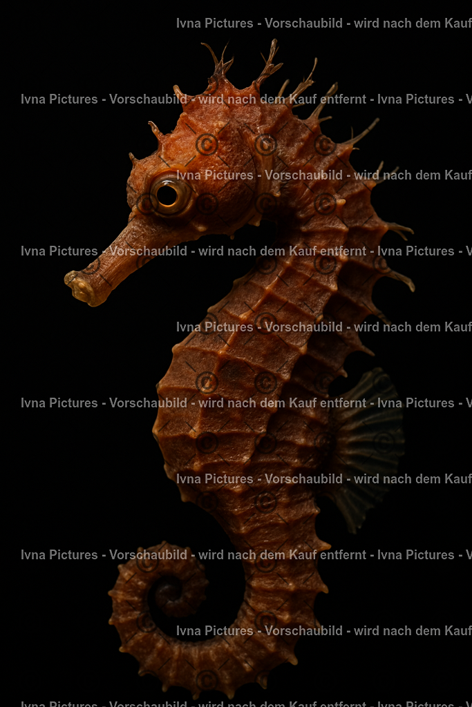 Seepferdchen im Schatten | Ein Seepferdchen mit bräunlicher Färbung ist vollständig vor schwarzem Hintergrund zu sehen. Die feine Form und die zarte Struktur verleihen dem Bild Leichtigkeit und Anmut - Realisiert mit Pictrs.com