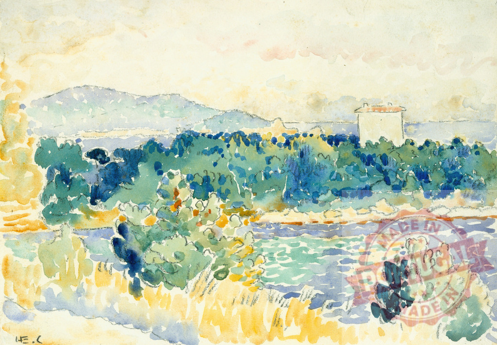 Henri-Edmond Cross landscape watercolor painting with coastal view. Henri Edmund Cross | Coastal landscape painting created in watercolor showing hills, trees, and a house - Realisiert mit Pictrs.com