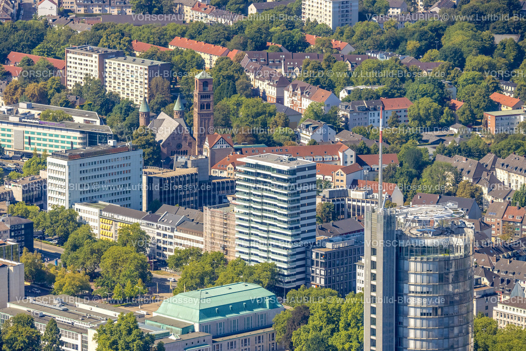 Essen220807097 | Luftbild, Neubau Wohnhaus Hochhaus Huyssen Quartier, Erlöserkirche Essen, Südviertel, Essen, Ruhrgebiet, Nordrhein-Westfalen, Deutschland