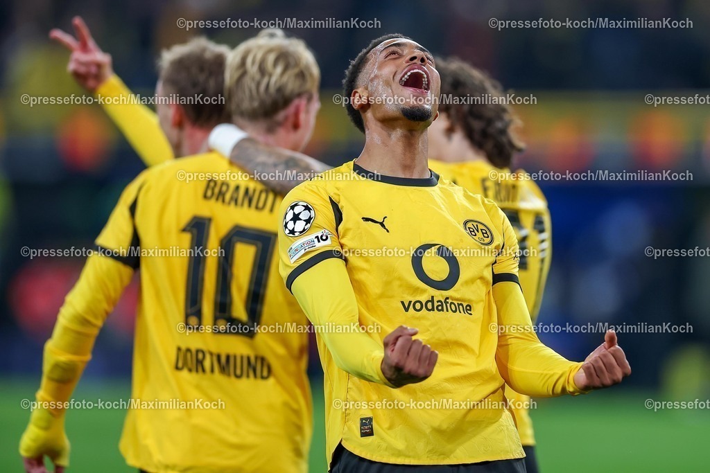 UCL01102501133 | 01.10.2025, Fußball, UEFA Champions League, Borussia Dortmund - Athletic Club Bilbao, BVB Stadion, 2. Spieltag, Saison 2025 2026: Torjubel nach dem Tor zum 4:1 durch Torschütze Julian Brandt (BVB #10)  -   Felix Nmecha (BVB #08) jubelt und lässt die Freude rausRegulations prohibit any use of photographs as image sequences and or quasi-video.