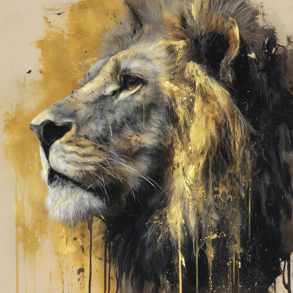 2509001 - Stilvoller Löwe | Modernes Löwengemälde in goldenen Farbtönen als hochwertiger Kunstdruck.