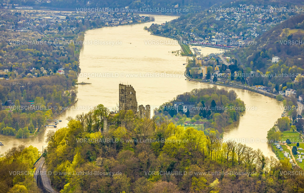 Koenigswinter220403733Drachenfels | Luftbild, Drachenfels, mittelalterliche Burgruine mit Blick auf das Rheintal und die Insel Nonnenwerth, Königswinter, Rheinland, Nordrhein-Westfalen, Deutschland