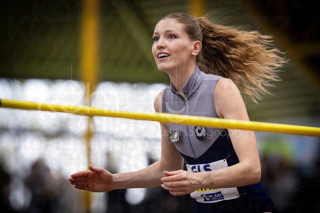 Deutsche Leichtathletik-Hallenmeisterschaften; Dortmund, 28.02.2026 | Imke Onnen (Cologne Athletics, 332) freut sich beim Hochsprung; Deutsche Leichtathletik-Hallenmeisterschaften am 28.02.2026 in der Helmut-Körnig-Halle in Dortmund. 
