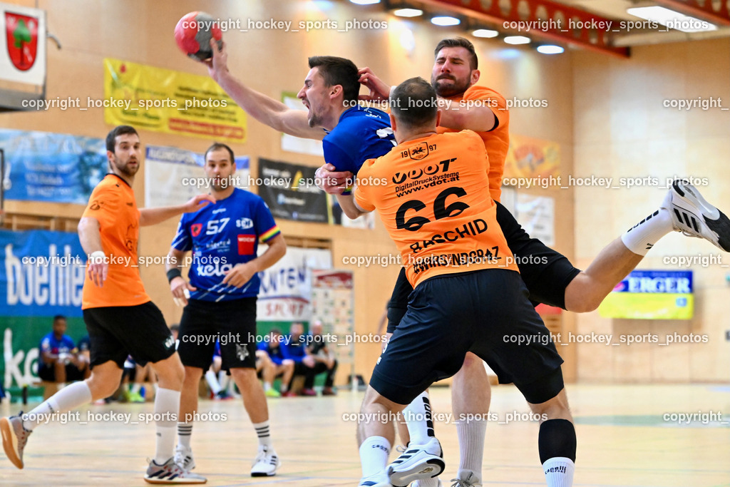 SC Ferlach vs. HSG Holding Graz 23.9.2023 | #66 RASCHID Ramon Holding Graz, #23 KOCBEK Jure SC Ferlach, #29 Schweighofer Lukas Holding Graz, SC Ferlach vs. HSG Holding Graz 23.9.2023, SC Ferlach vs. HSG Holding Graz am 23.09.2023 in Bleiburg (Ballspielhalle Ferlach), Austria, (Photo by Bernd Stefan)