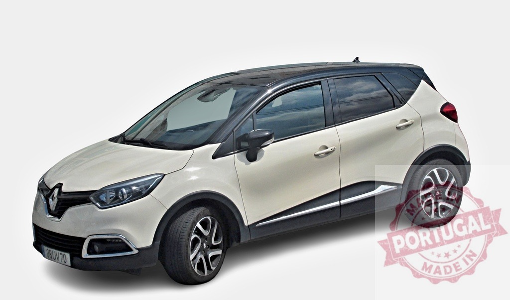 Renault Captur crossover posing in studio with white body and black roof | Modern white Renault Captur crossover posing in studio, showing its elegance and efficiency, perfect for urban adventures - Realized with Pictrs.com