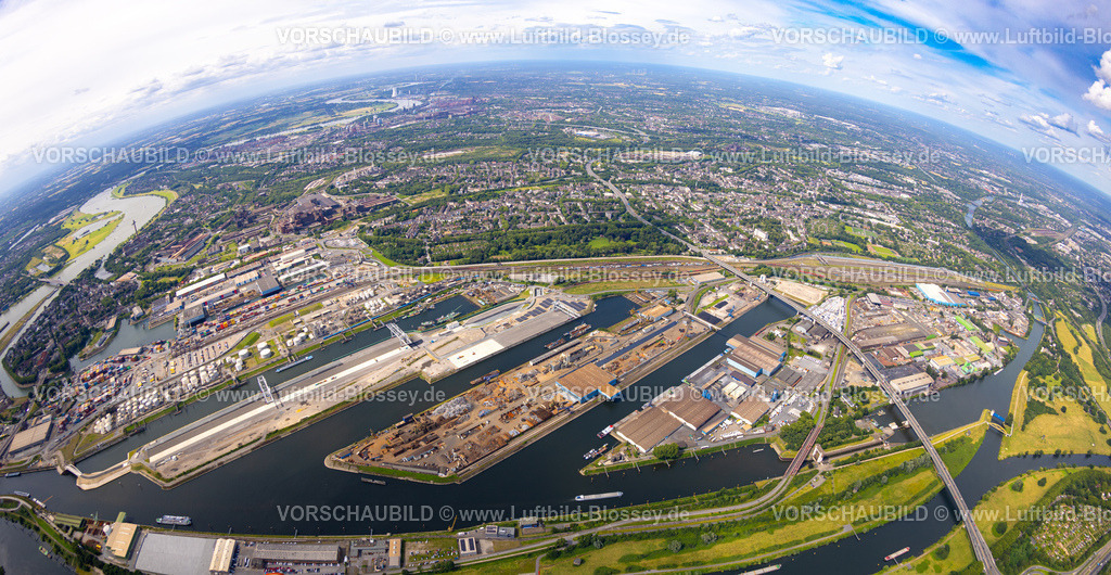 Duisburg240705355-Nord | Luftbild, Duisburger Hafen, duisport fish-eye, Duisburg-Nord Hafengebiet mit Ölinsel, Kohleninsel und Schrottinsel, Autobahn A59, Fluss Ruhr und Rhein-Herne-Kanal, links der Fluss Rhein und Fluss Ruhr Mündungsgebiet, Erdkugel, Fisheye Aufnahme, Fischaugen Aufnahme, 360 Grad Aufnahme, tiny world, little planet, fisheye Bild, Ruhrort, Duisburg, Ruhrgebiet, Nordrhein-Westfalen, Deutschland
