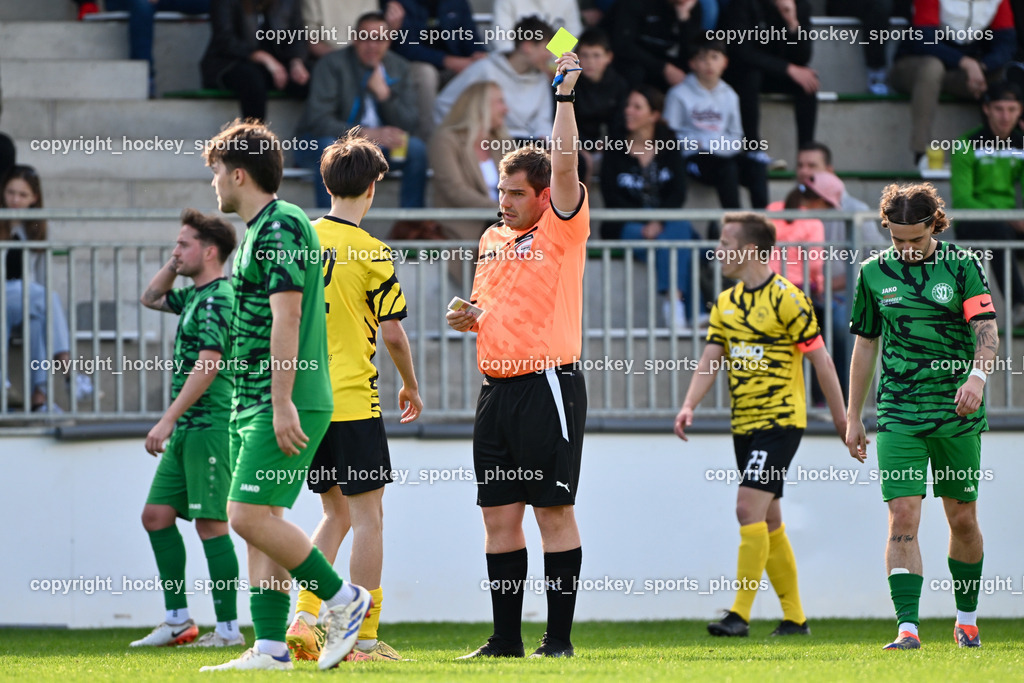SC Landskron vs. FC Faakersee | #12 Moritz Nico Prugger FC Faakersee, Michell Kollreider Referee, Gelbe Karte, #10 Nemanja Lukic SC Landskron, SC Landskron vs. FC Faakersee, SC Landskron vs. FC Faakersee am 27.04.2025 in Villach (Sportanlage Landskron), Austria, (Photo by Bernd Stefan)