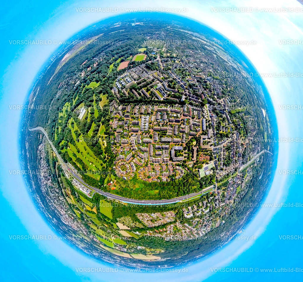 Gelsenkirchen240890570Erle_Burgmuehlenweg | Luftbild, Wohngebiet mit kreisförmiger Wohnsiedlung Bruchwiesenring und Reihenhäuser Siedlung Burgmühlenweg und An der Gräfte, Erdkugel, Fisheye Aufnahme, Fischaugen Aufnahme, 360 Grad Aufnahme, tiny world, little planet, fisheye Bild, Erle, Gelsenkirchen, Ruhrgebiet, Nordrhein-Westfalen, Deutschland