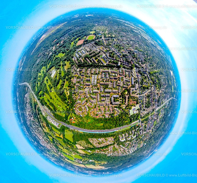 Gelsenkirchen240890570Erle_Burgmuehlenweg | Luftbild, Wohngebiet mit kreisförmiger Wohnsiedlung Bruchwiesenring und Reihenhäuser Siedlung Burgmühlenweg und An der Gräfte, Erdkugel, Fisheye Aufnahme, Fischaugen Aufnahme, 360 Grad Aufnahme, tiny world, little planet, fisheye Bild, Erle, Gelsenkirchen, Ruhrgebiet, Nordrhein-Westfalen, Deutschland