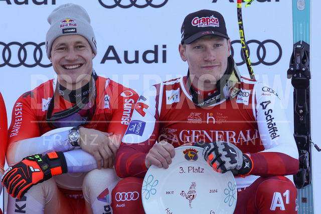 Audi FIS Ski World Cup: Men’s Slalom – Hahnenkamm Race, Kitzbuehel | Kitzbuehel, Austria, 25.Jan.26 - Alpine Skiing - FIS World Cup, Hahnenkamm Race, Slalom, men. The image shows ODERMATT Marco (SUI, Stoeckli) and BABINSKY Stefan (AUT, Head).