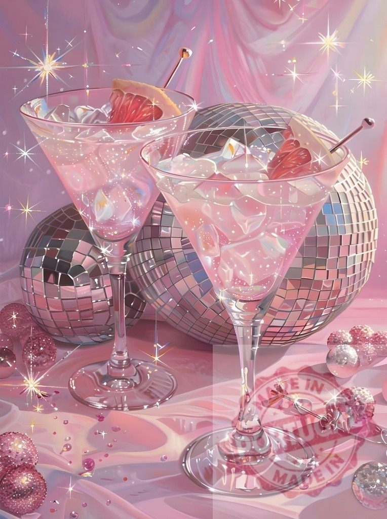 Two pink cocktails with ice and disco balls | Pink cocktails in martini glasses sparkling with ice and sliced grapefruit for a party - Realized with Pictrs.com