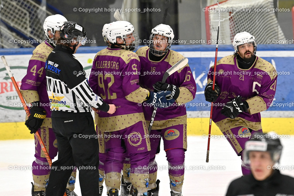 EC Kellerberg vs. EC Arnoldstein | #44 Jank David EC Kellerberg, #92 Klemenz Florian EC Kellerberg, #16 Tischner Lukas EC Kellerberg, #21 Pettauer Christoph EC Kellerberg, Eicher Herbert Referee, EC Kellerberg vs. EC Arnoldstein, EC Kellerberg vs. EC Arnoldstein am 31.01.2025 in Villach (Stadthalle Villach), Austria, (Photo by Bernd Stefan)