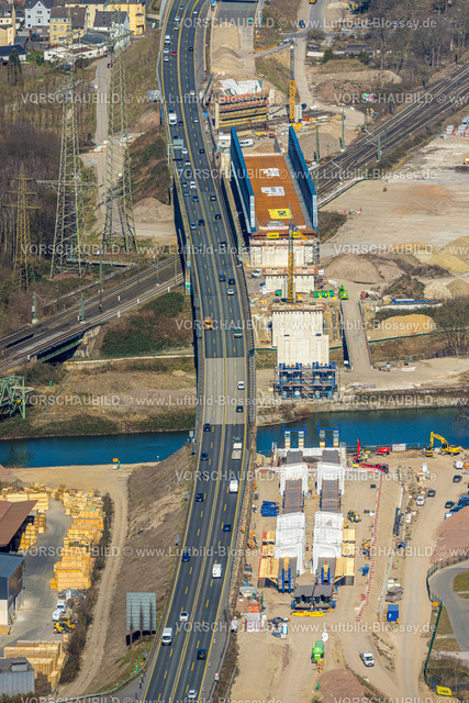 Herne250301828 | Luftbild, Neubau Brücke über den Rhein-Herne-Kanal und Eisenbahnlinie, Baukau, Herne, Ruhrgebiet, Nordrhein-Westfalen, Deutschland