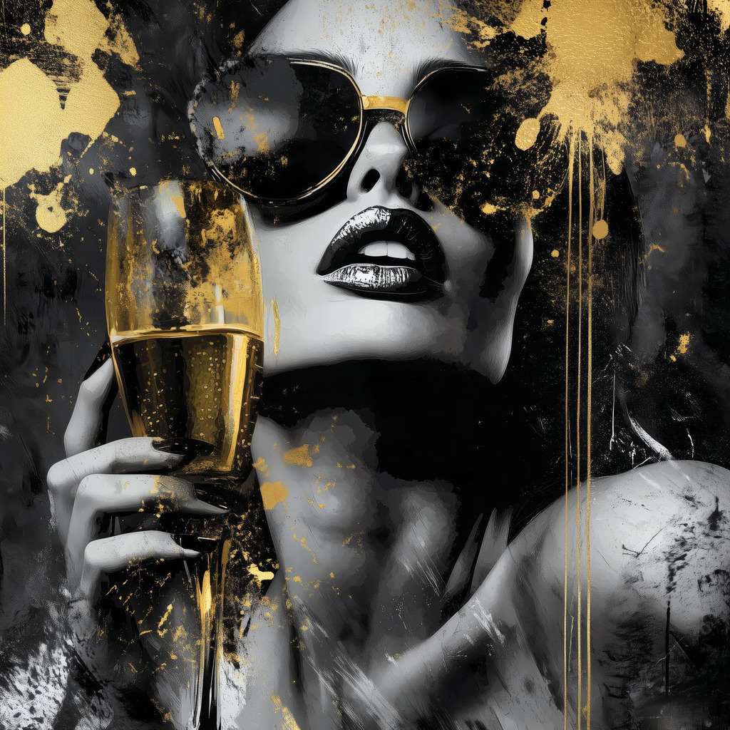 2501026 - Golden Glamour | Frau mit Sonnenbrille und Champagnerglas im Stil eines Pop Art Gemäldes in schwarzweiß und gold.