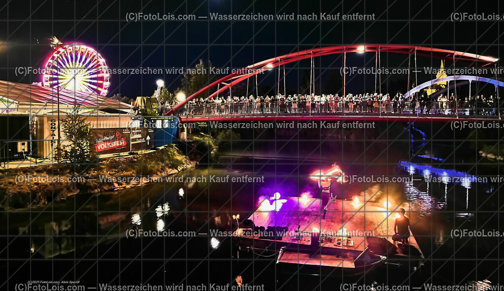 0459_Luftbild_VOLKSFEST-Wlbg_InselFeuer-Show | (C)FotoLois.com, Alois Spandl, Luftbild, Wieselburger VOLKSFEST neu, Feuershow auf der Erlaufinsel unter den Brücken, Do 29. Juni 2023.