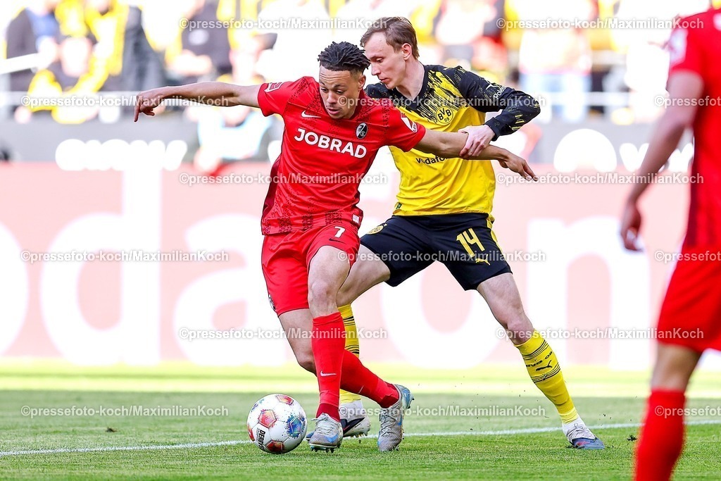 BVB26042601002 | 26.04.2026, Fußball, Borussia Dortmund - SC Freiburg, 1. Fußball Bundesliga, 31. Spieltag, Signal Iduna Park, Saison 2025 2026: Derry Scherhant&nbsp;(SC Freiburg #07) im Zweikampf gegen  Maximilian Beier&nbsp;(BVB #14)  DFB regulations prohibit any use of photographs as image sequences and or quasi-video.