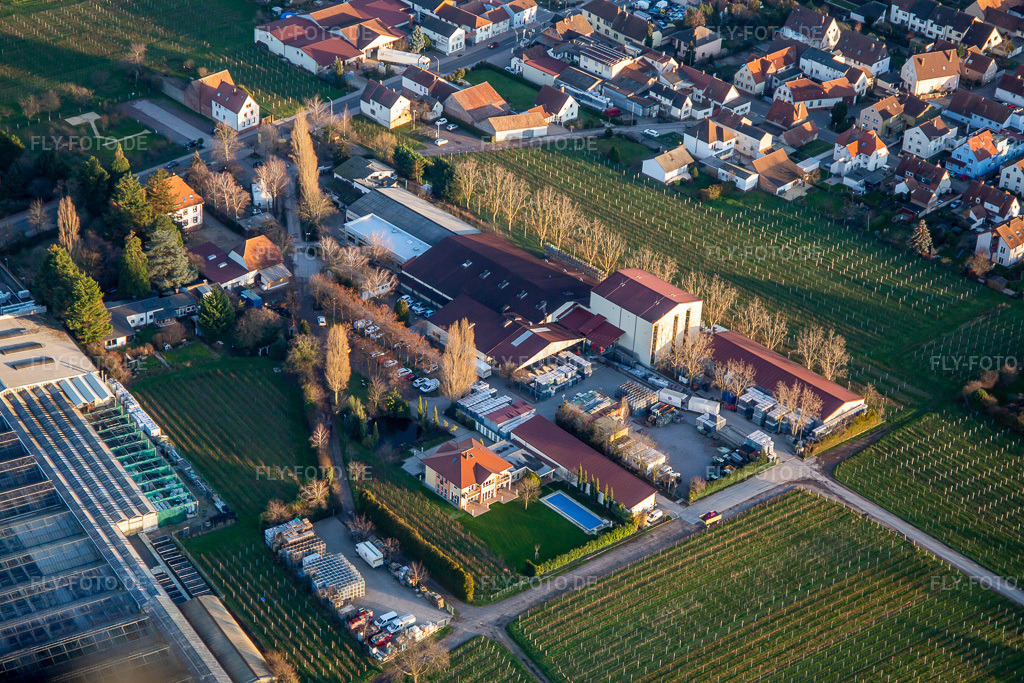 Luftbild: Weingut Werner Anselmann, Gebrüder Anselmann GmbH in Edesheim im Bundesland Rheinland-Pfalz in Deutschland. – Foto: IMG_135848.jpg vom 18.01.2023 durch Werner Riehm/FLY-FOTO.de – Auflösung des Originals: 5472 x 3648 px – weingut-anselmann.de - Traditionsweingut aus der Pfalz / Edesheim